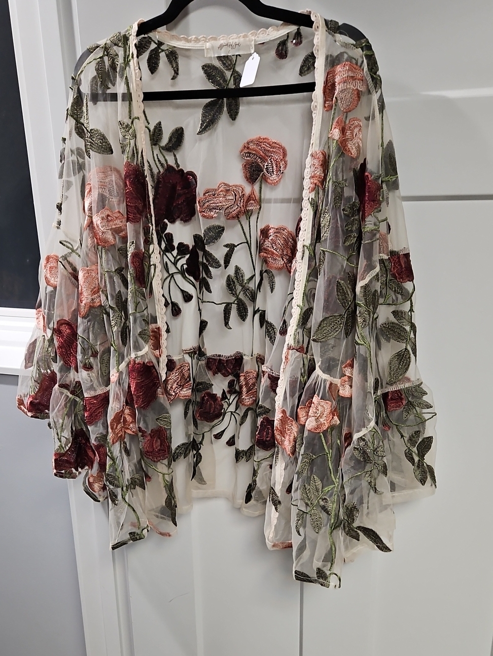 Embroidered Floral Sheer Cardigan - Cream with Rose Embroidery